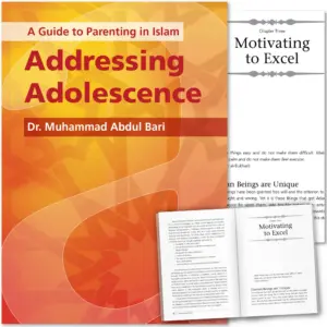 Front cover with Inner spread of Addressing Adolescence by Muhammad Abdul Bari. Muslim teen parenting guide by Ta-Ha Publishers