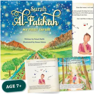 Front cover with Inner spread of Surah Al-Fatihah by Faisal Malik. Children’s Fatihah tafsir by Ta-Ha Publishers