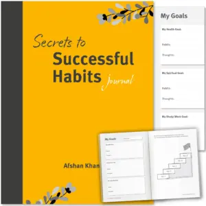 Front cover with Inner spread of Secrets to Successful Habits Journal by Afshan Khan. Islamic worship journal by Ta-Ha Publishers