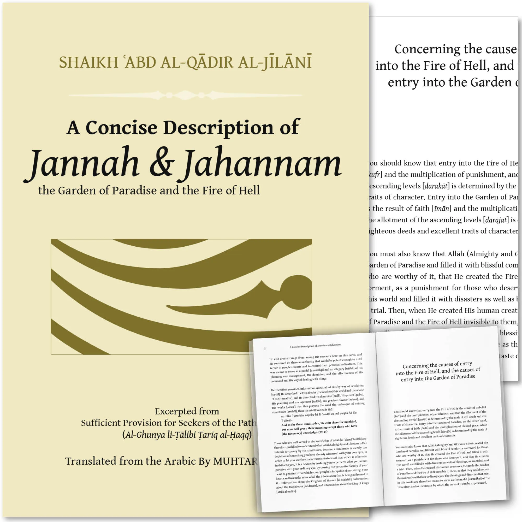 Front cover with Inner spread of A Concise Description of Jannah and Jahannam | Shaikh ‘Abd al-Qadir al-Jilani, Muhtar Holland. Islamic classic on Hereafter by Ta-Ha Publishers