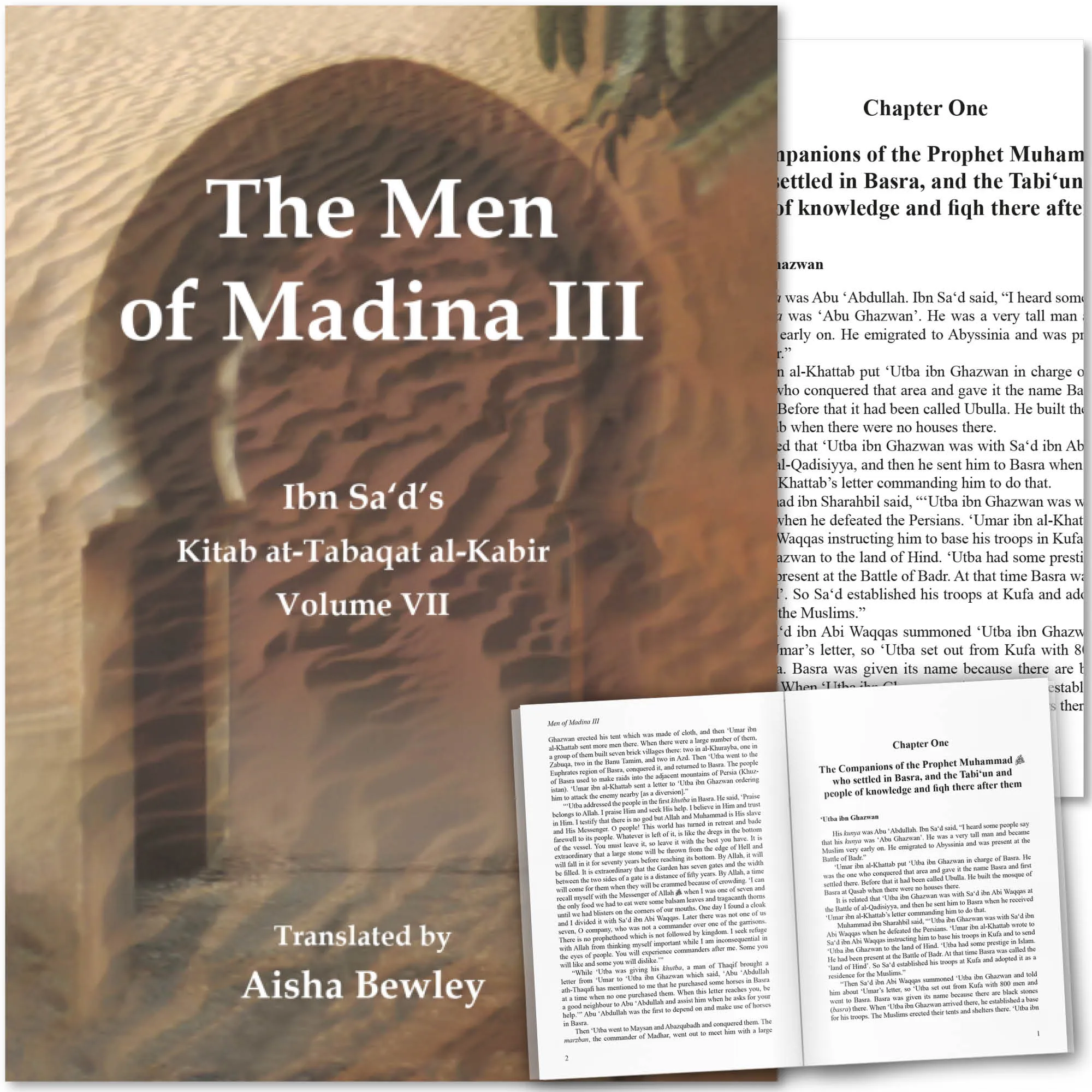 Front cover with Inner spread of The Men of Madina III by Muhammad Ibn Sa’d, Aisha Bewley. Kitab at-Tabaqat by Ta-Ha Publishers