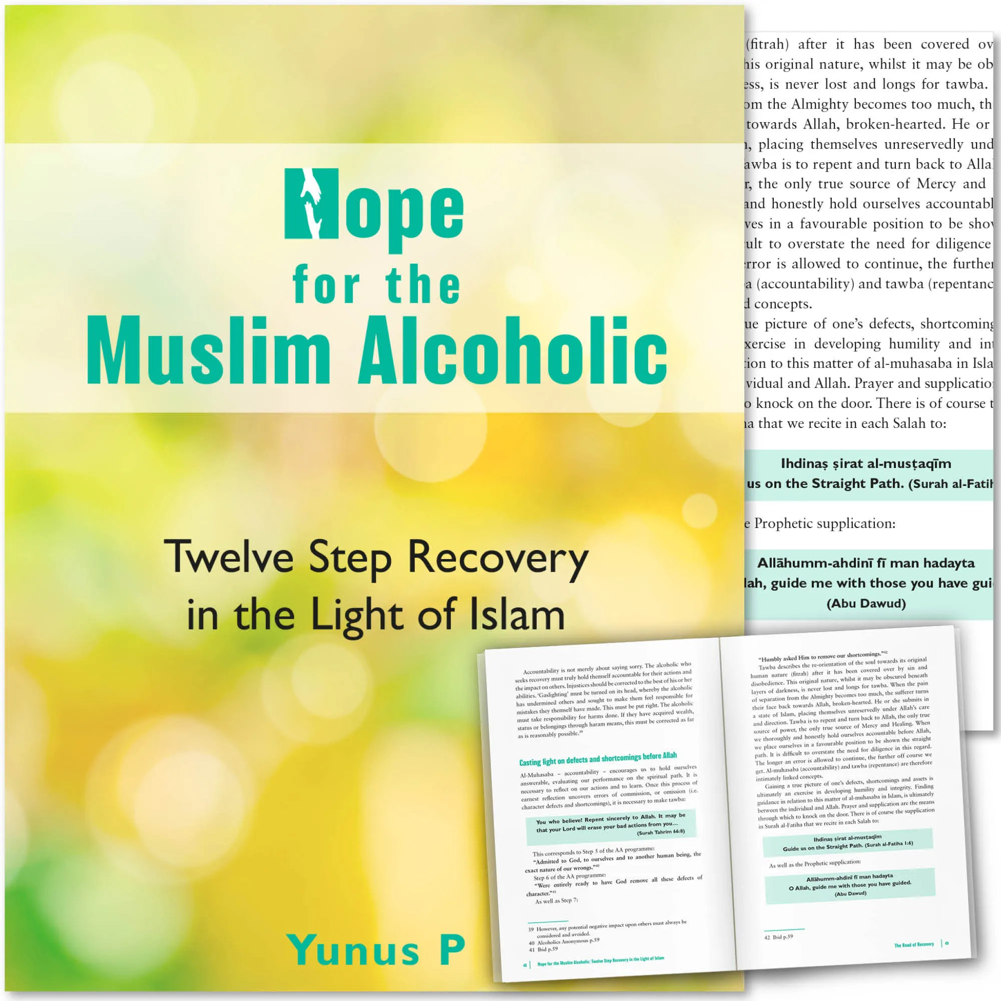 Front cover with Inner spread of Hope for the Muslim Alcoholic by Yunus P. Islamic addiction advice by Ta-Ha Publishers