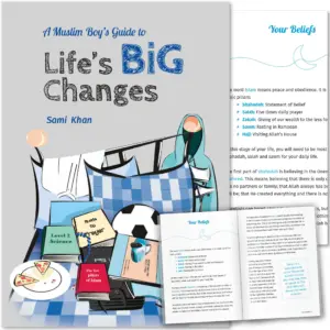 Front cover with Inner spread of A Muslim Boy’s Guide to Life’s Big Changes by Sami Khan. Muslim boy’s puberty guide by Ta-Ha Publishers