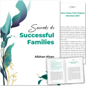 Front cover with Inner spread of Secrets to Successful Families by Afshan Khan. Islamic family guide by Ta-Ha Publishers