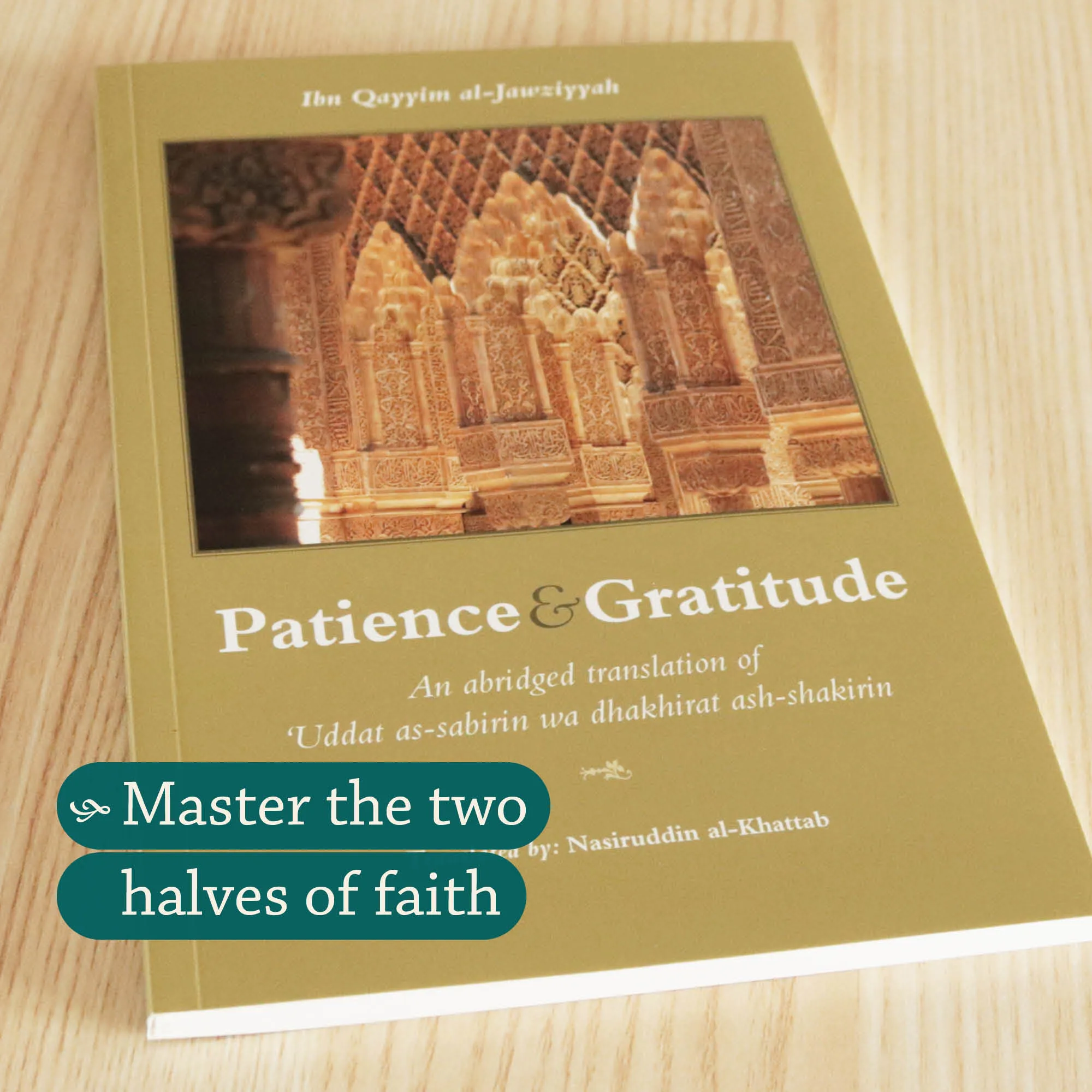Front cover photograph of Patience and Gratitude by al-Jawziyyah, Nasiruddin al-Khattab. Islamic classic on sabr and shukr by Ta-Ha Publishers