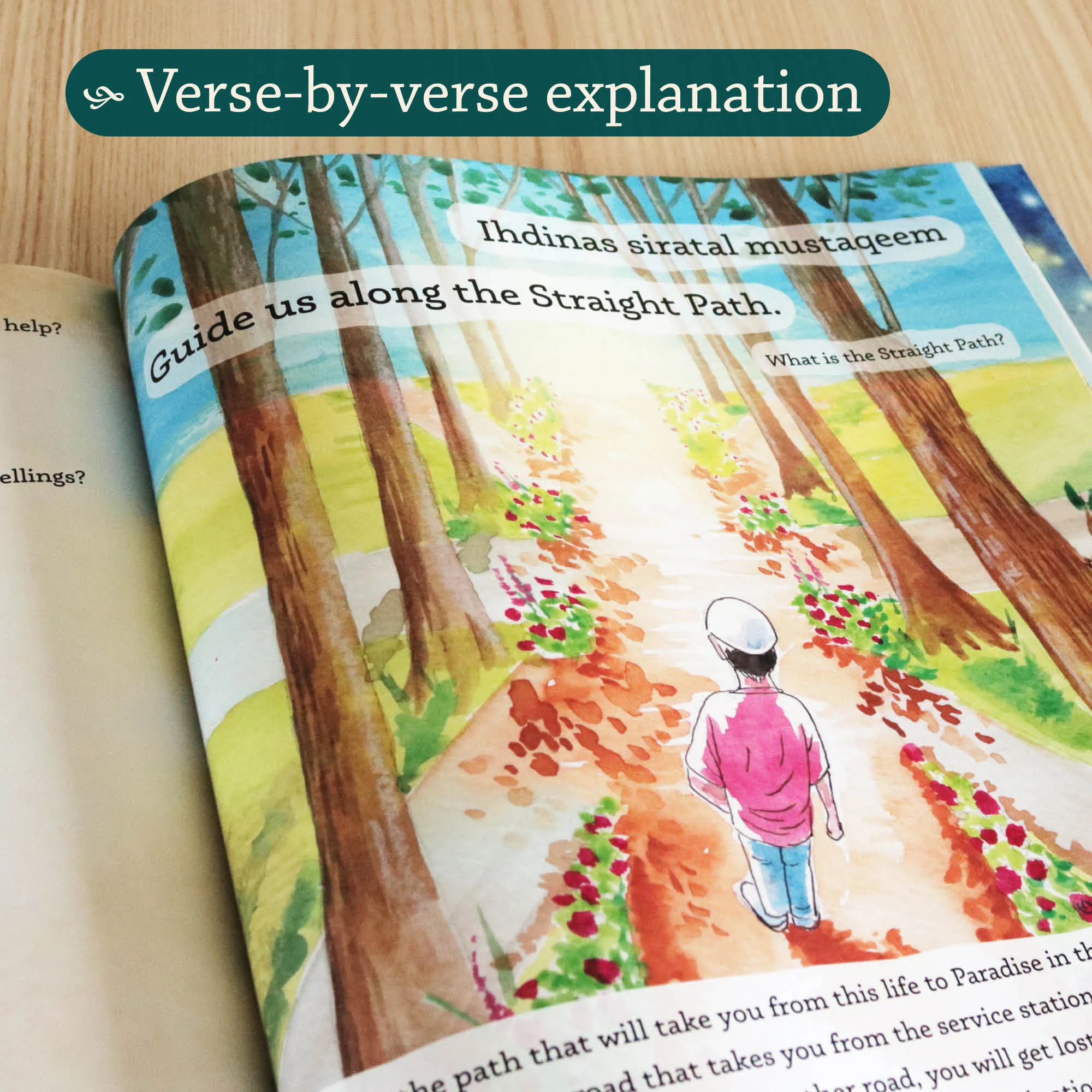 Inner spread of Surah Al-Fatihah by Faisal Malik. Children’s Fatihah tafsir by Ta-Ha Publishers