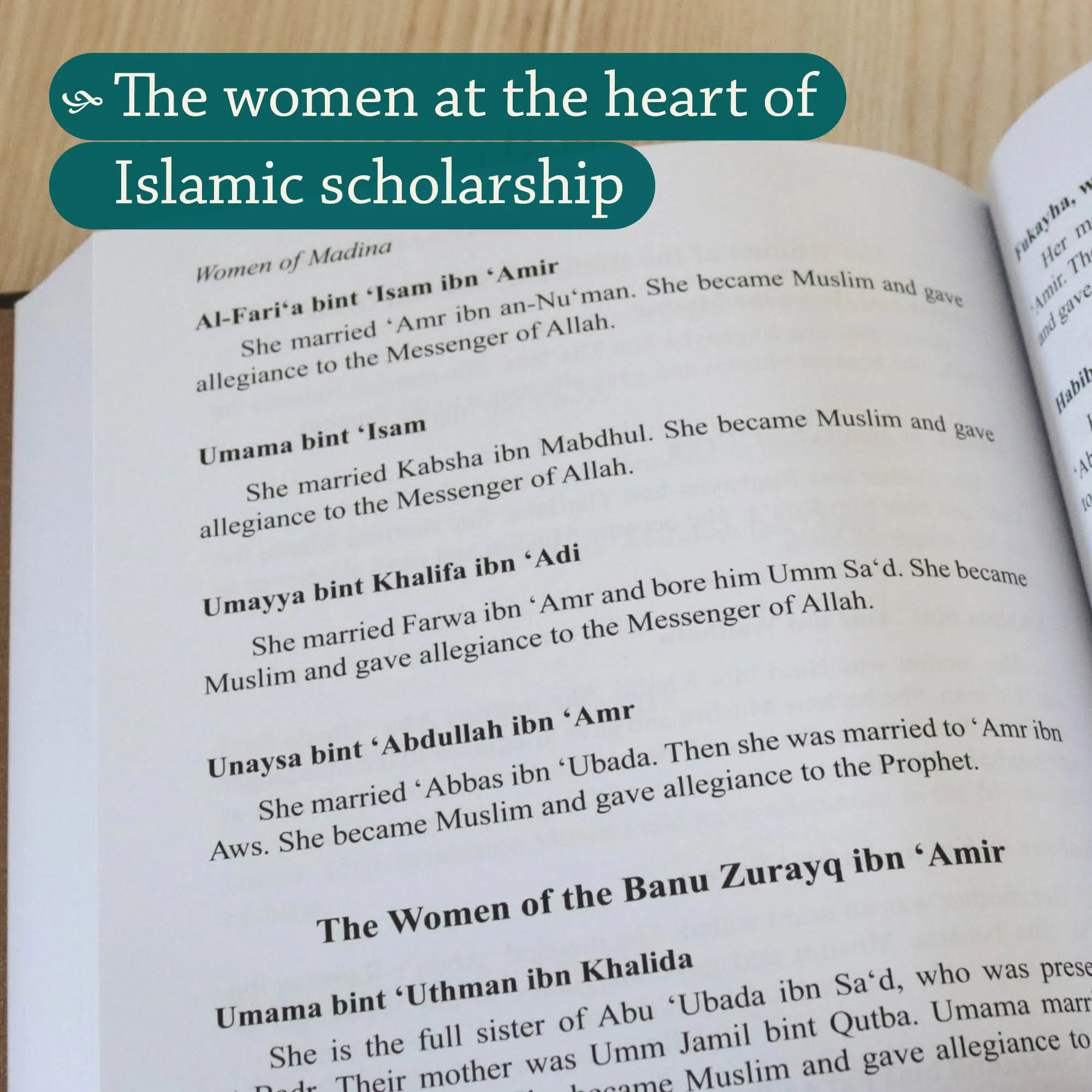 Inner spread of The Women of Madina by Muhammad Ibn Sa’d, Aisha Bewley. Kitab at-Tabaqat by Ta-Ha Publishers
