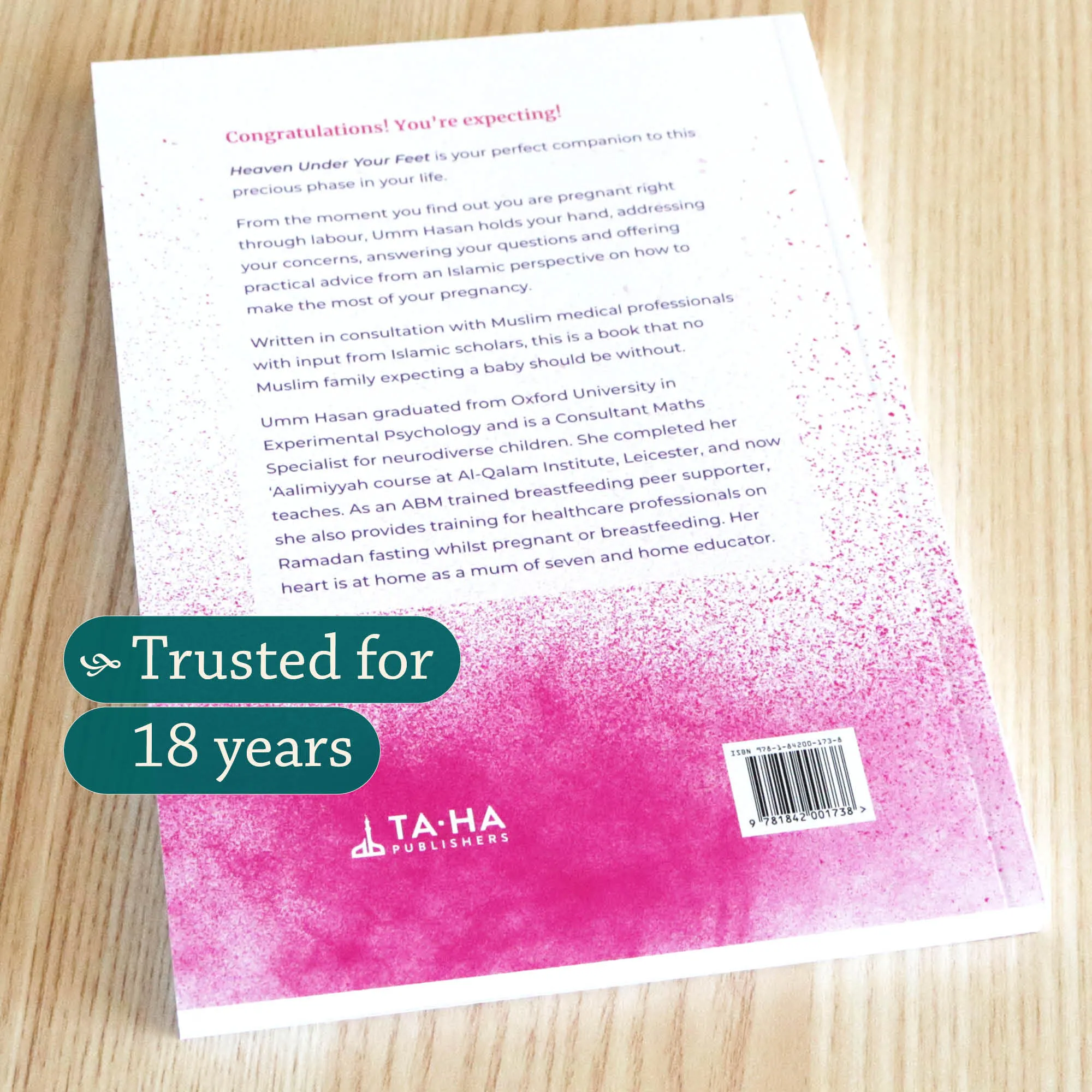 Back Cover of Heaven Under Your Feet by Umm Hasan Bint Salim. Muslim pregnancy handbook by Ta-Ha Publishers
