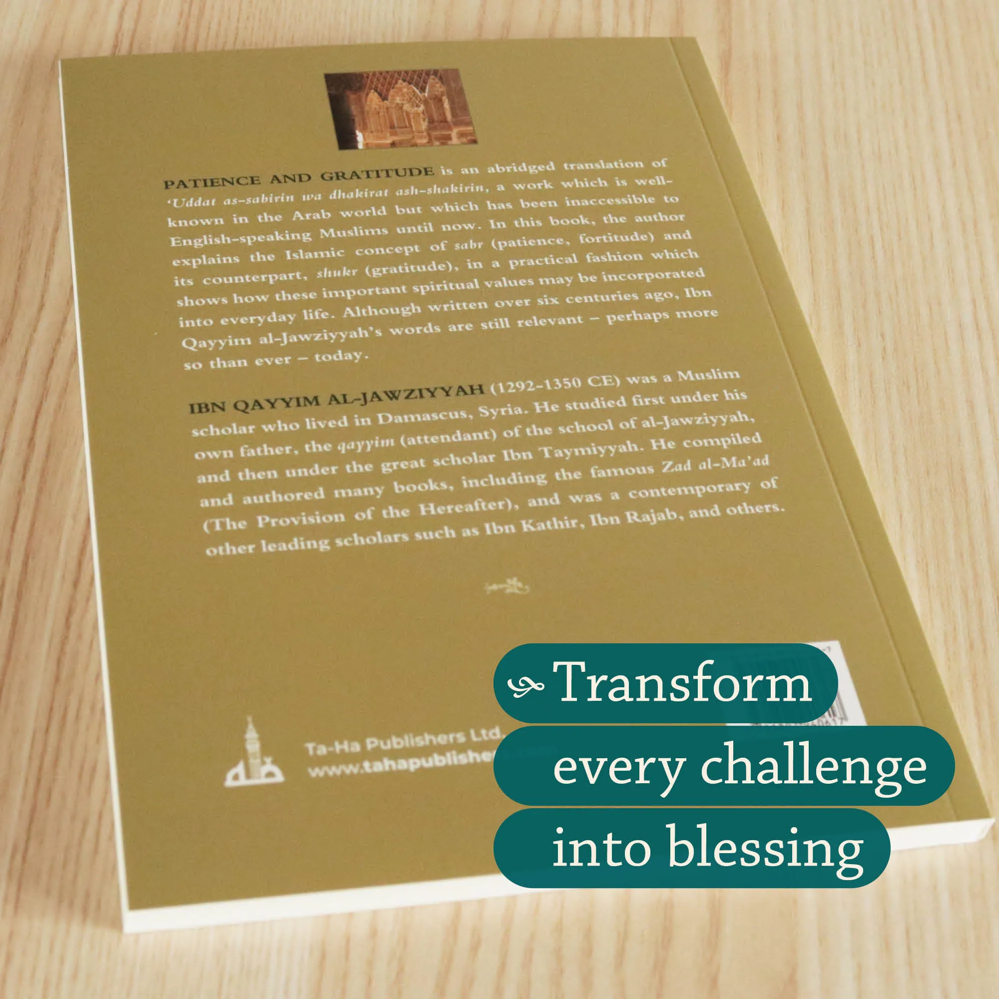 Back cover of Patience and Gratitude by al-Jawziyyah, Nasiruddin al-Khattab. Islamic classic on sabr and shukr by Ta-Ha Publishers