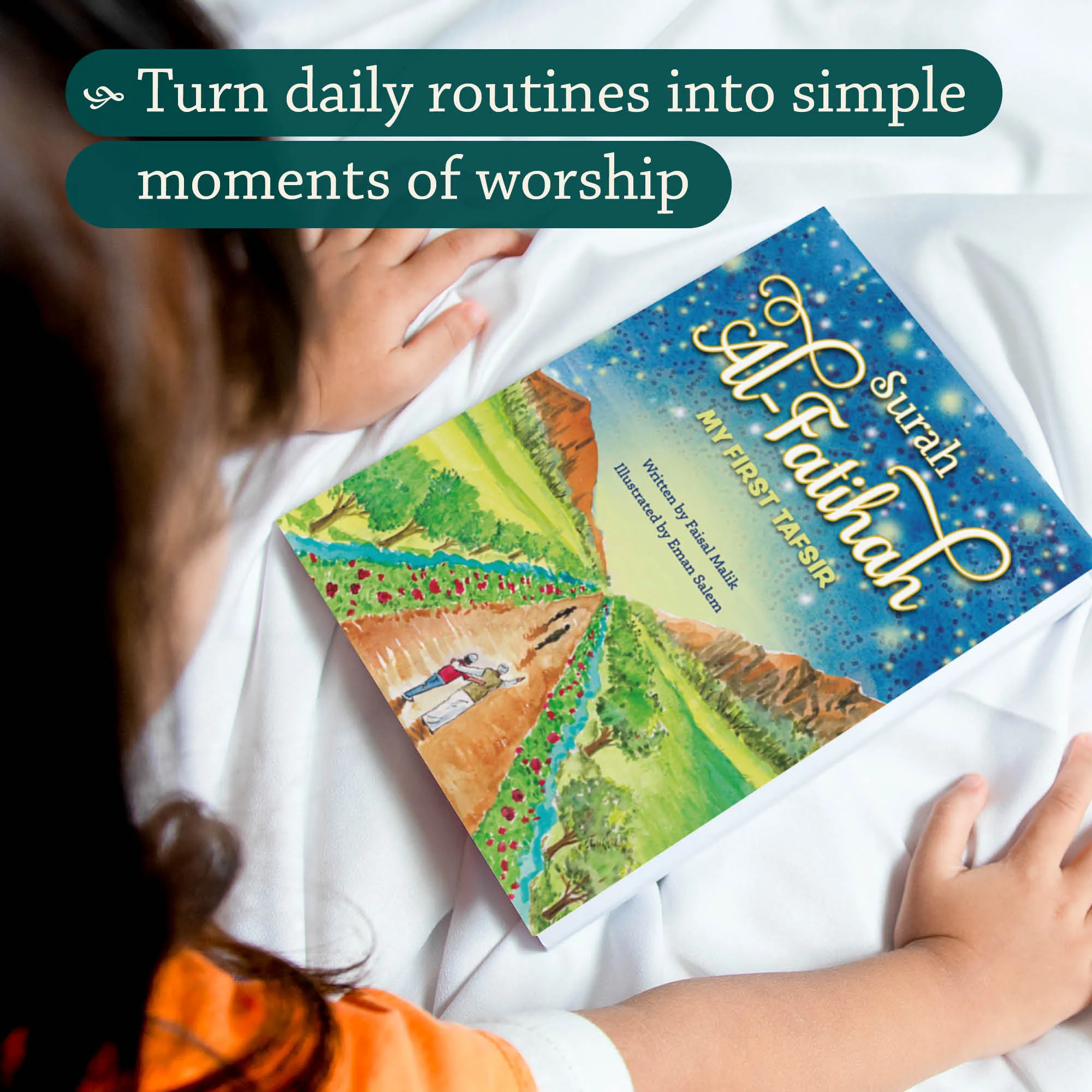 Photo of book in a play area of Surah Al-Fatihah by Faisal Malik. Children’s Fatihah tafsir by Ta-Ha Publishers