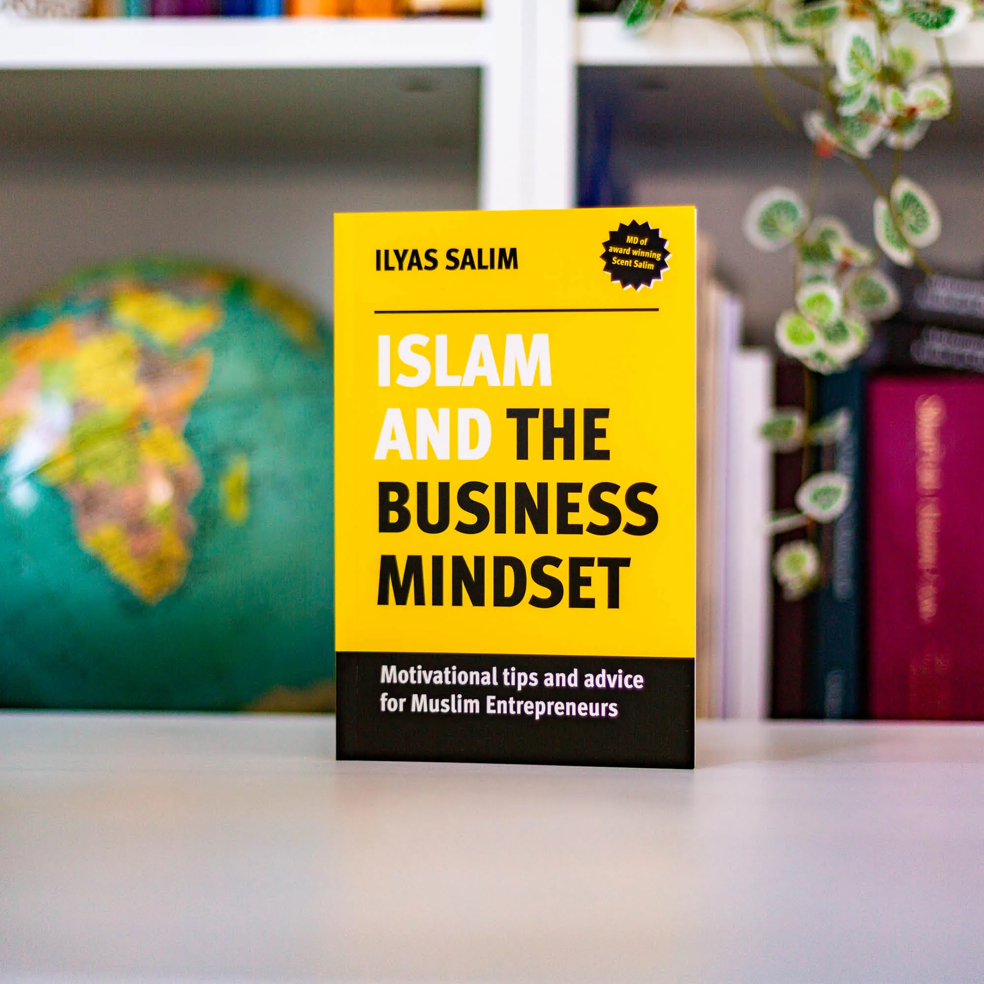 Upright book in library of Islam and the Business Mindset by Ilyas Salim. Islamic business handbook by Ta-Ha Publishers