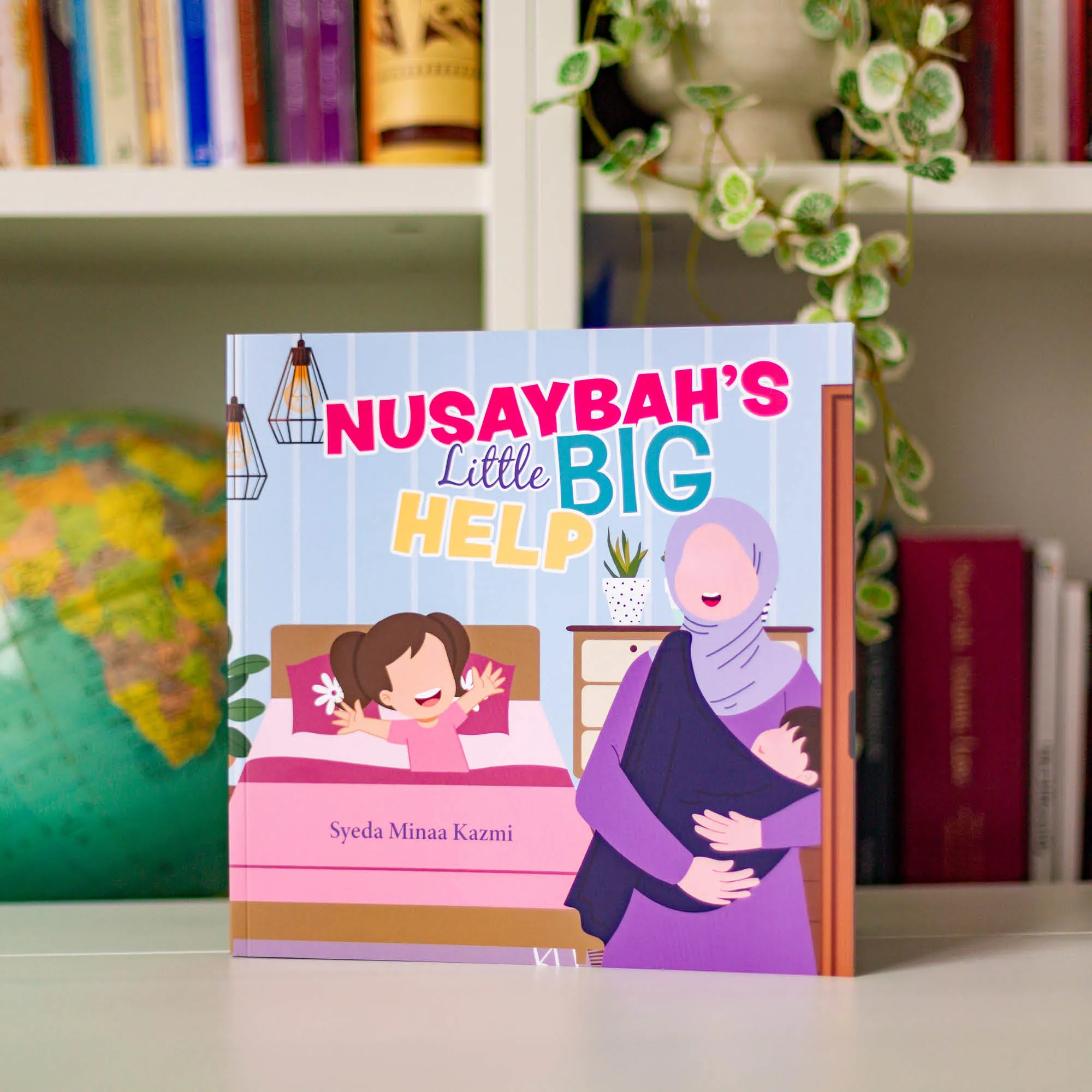 Upright book in library of Nusaybah’s Little Big Help by Syeda Minaa Kazmi. Islamic character storybook by Ta-Ha Publishers